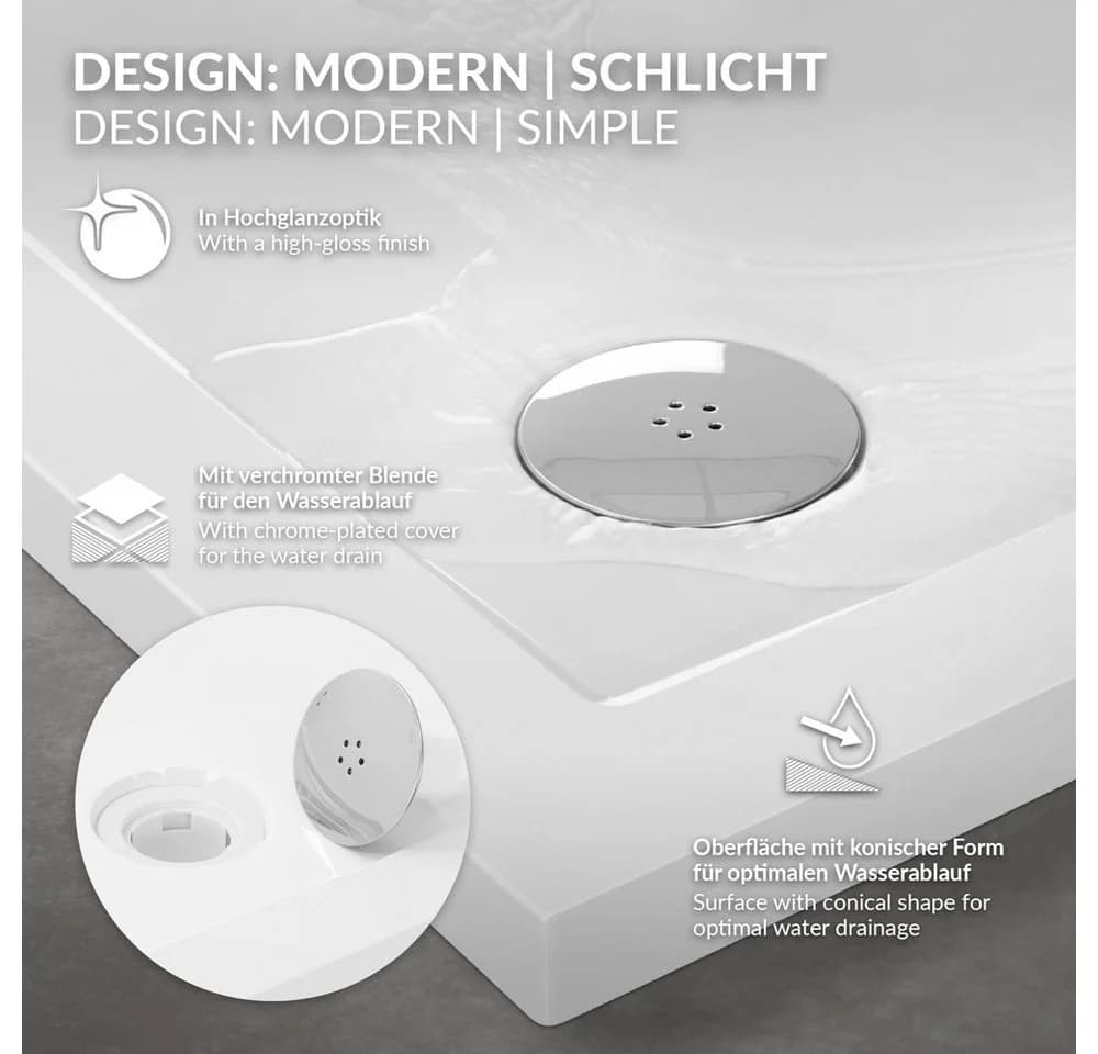 LuxeBath Duschwanne 80x80 cm Weiß Hochglanz SMC mit Siphon - Bild 3