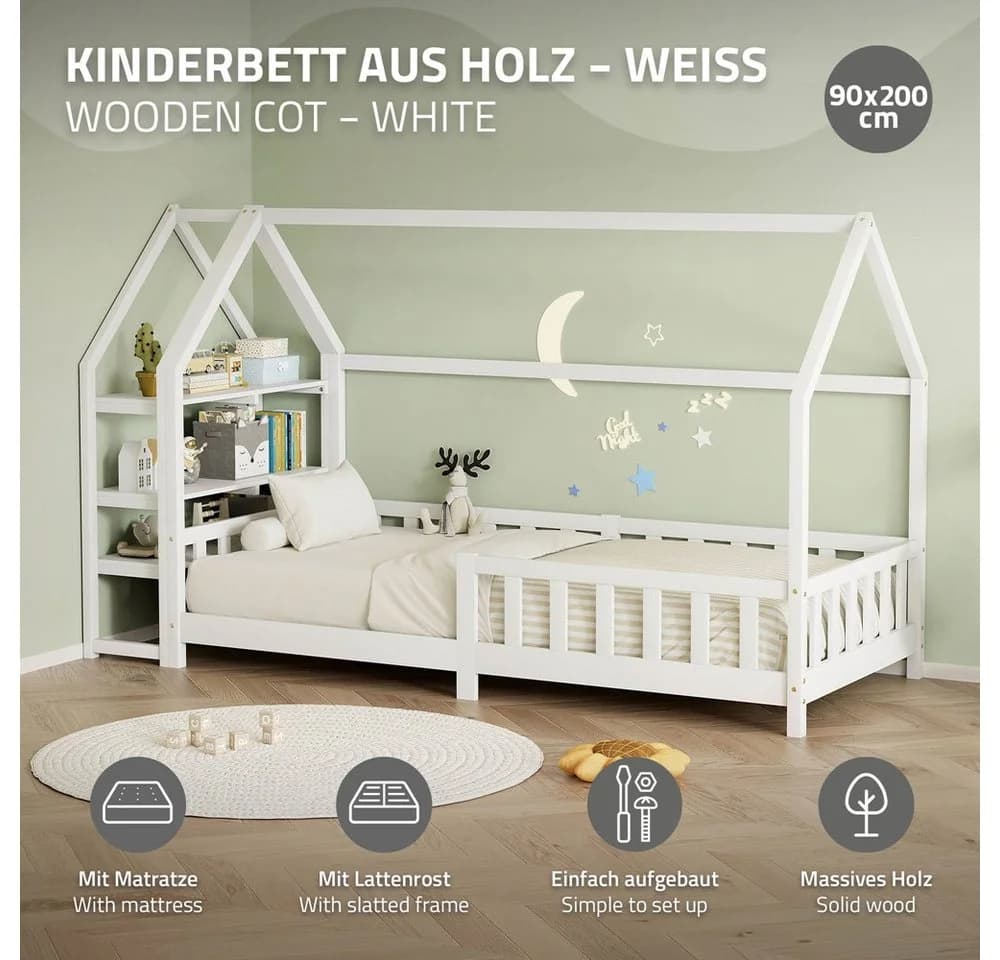 ML-DESIGN Kinderbett Hausbett Weiß mit Regal und Matratze