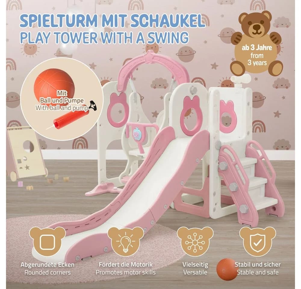 Joyz 5-in-1 Spielturm mit Rutsche, Schaukel & Basketballkorb Rosa/Weiß
