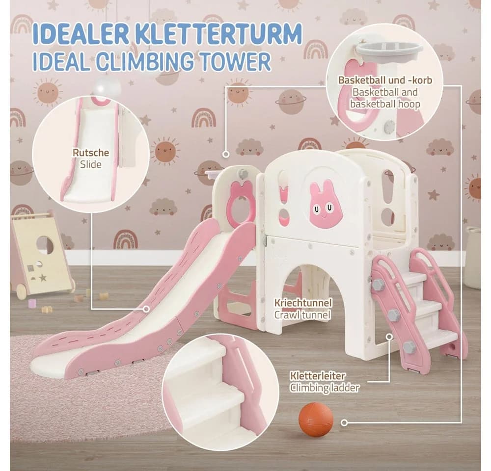 Joyz 5-in-1 Spielturm mit Rutsche, Kletterturm & Basketballkorb Rosa/Weiß - Bild 5