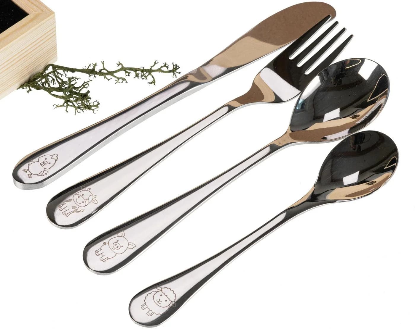 Holz Frank Kinderbesteck Set 5-tlg. Edelstahl Bauernhof Gravur Holzkiste