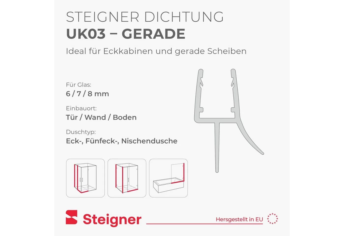STEIGNER Duschdichtung Gerade UK03 Schwarz 30 cm