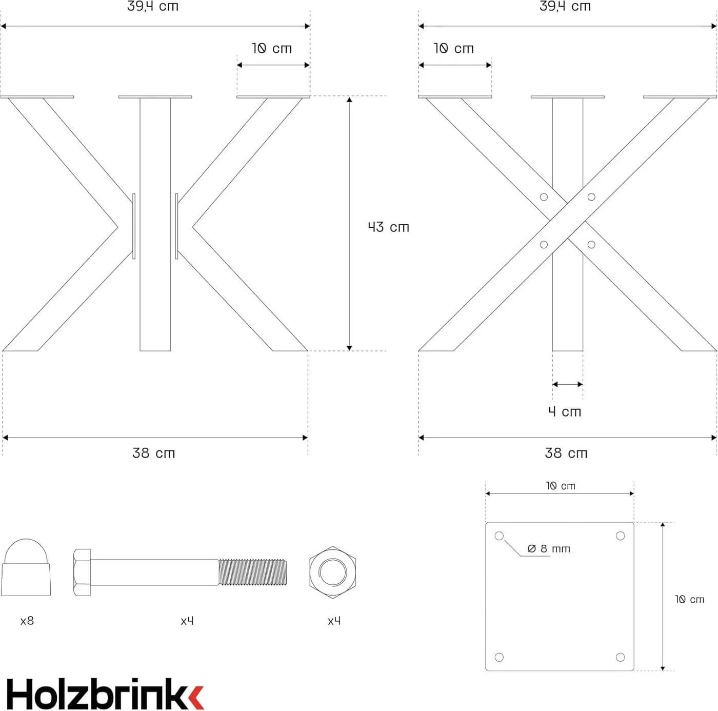 HOLZBRINK Tischbein Metall Tischgestell für Beistelltisch 40x40x43 Weiß - Bild 3