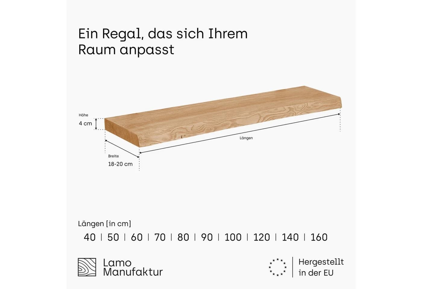 LAMO Manufaktur Wandregal Pure 40 cm Massivholzplatte
