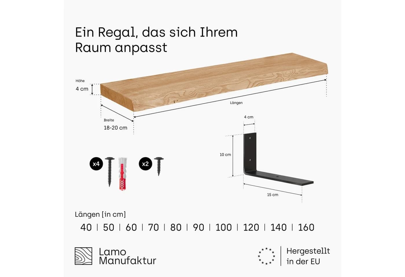 LAMO Manufaktur Wandregal Eschenholz Schwarz mit Basic Halterung