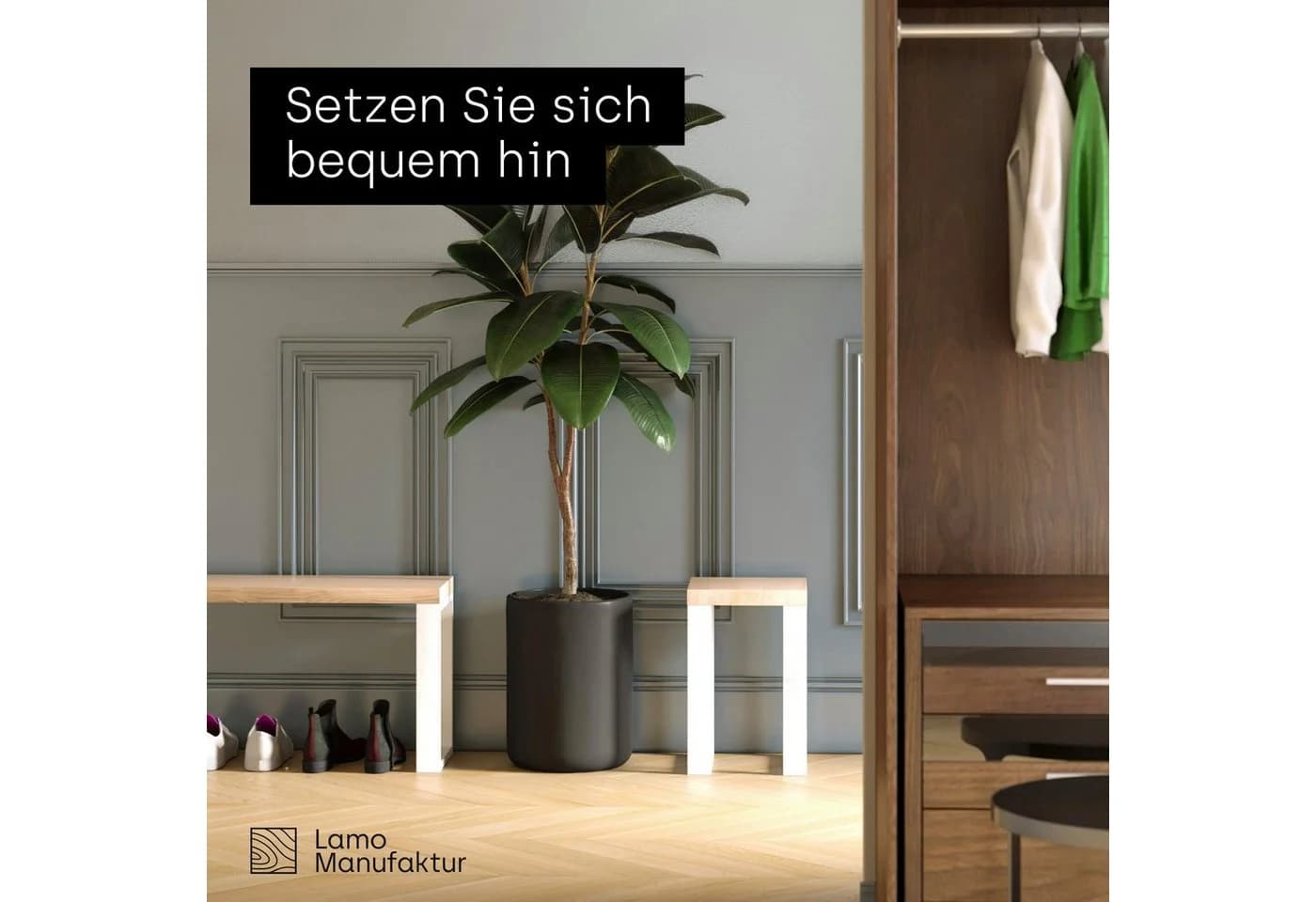 LAMO Manufaktur Sitzbank LSB 3-Teilig Massivholz Stahl Industrial Weiss