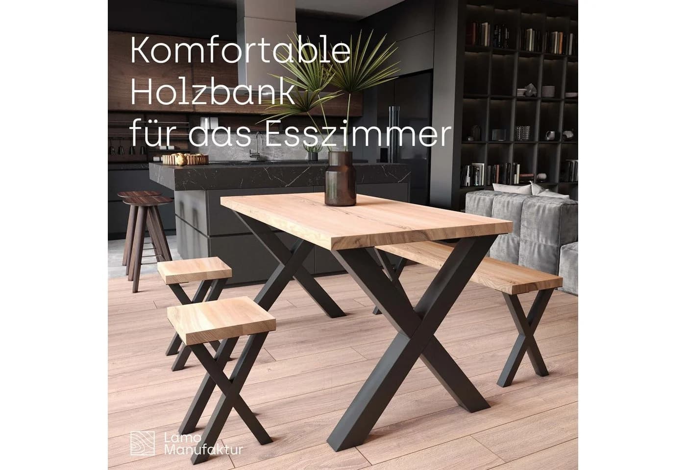 LAMO Manufaktur Sitzbank LSB 3-Teilig Massivholz Stahlbeine Industrial - Bild 5