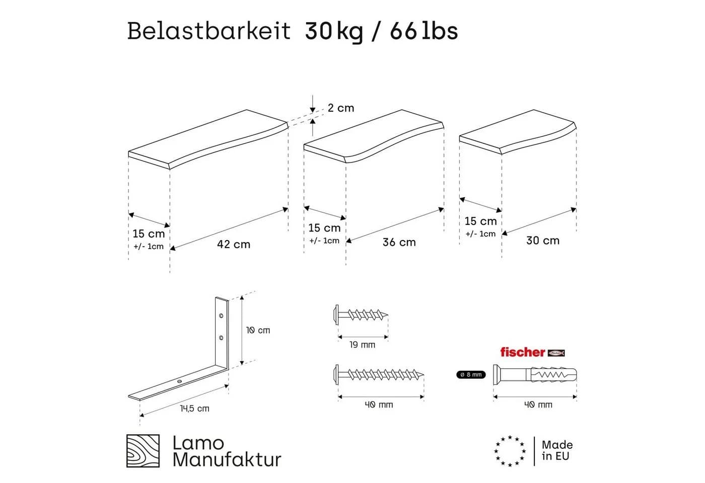 LAMO Manufaktur Wandregal Set 3-tlg. Rustikal Massivholz Esche - Bild 5