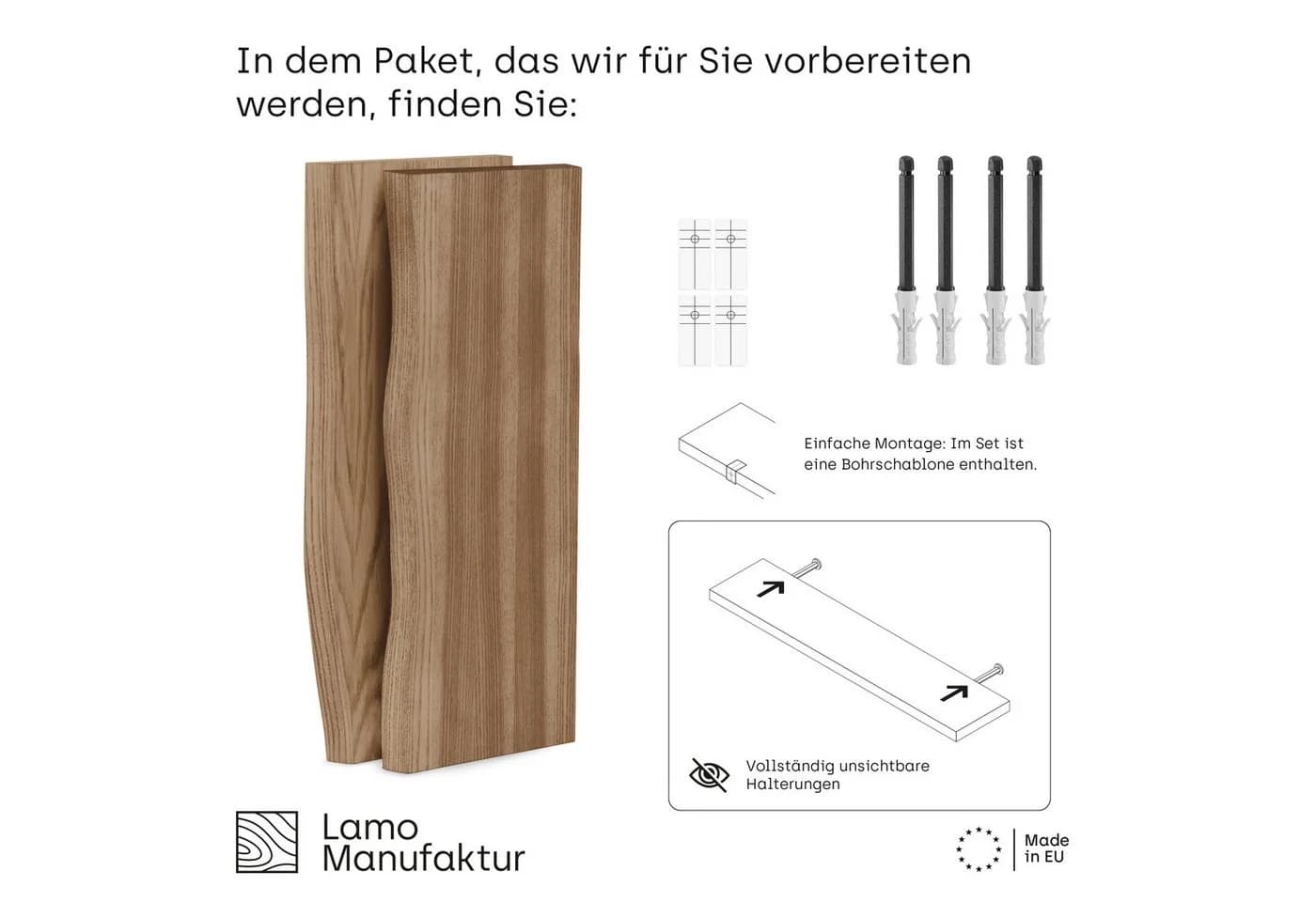 LAMO Manufaktur Wandregal Set 2 Stück Massivholz Esche Nussbaum