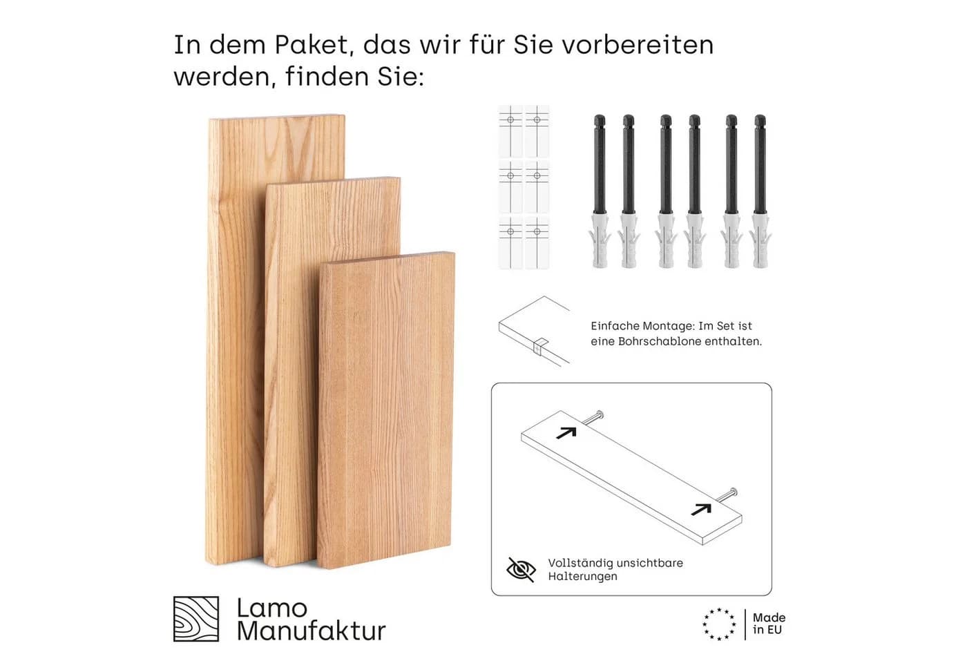 LAMO Manufaktur Wandregal Set 3 Stück Massivholz Natur Rustikal