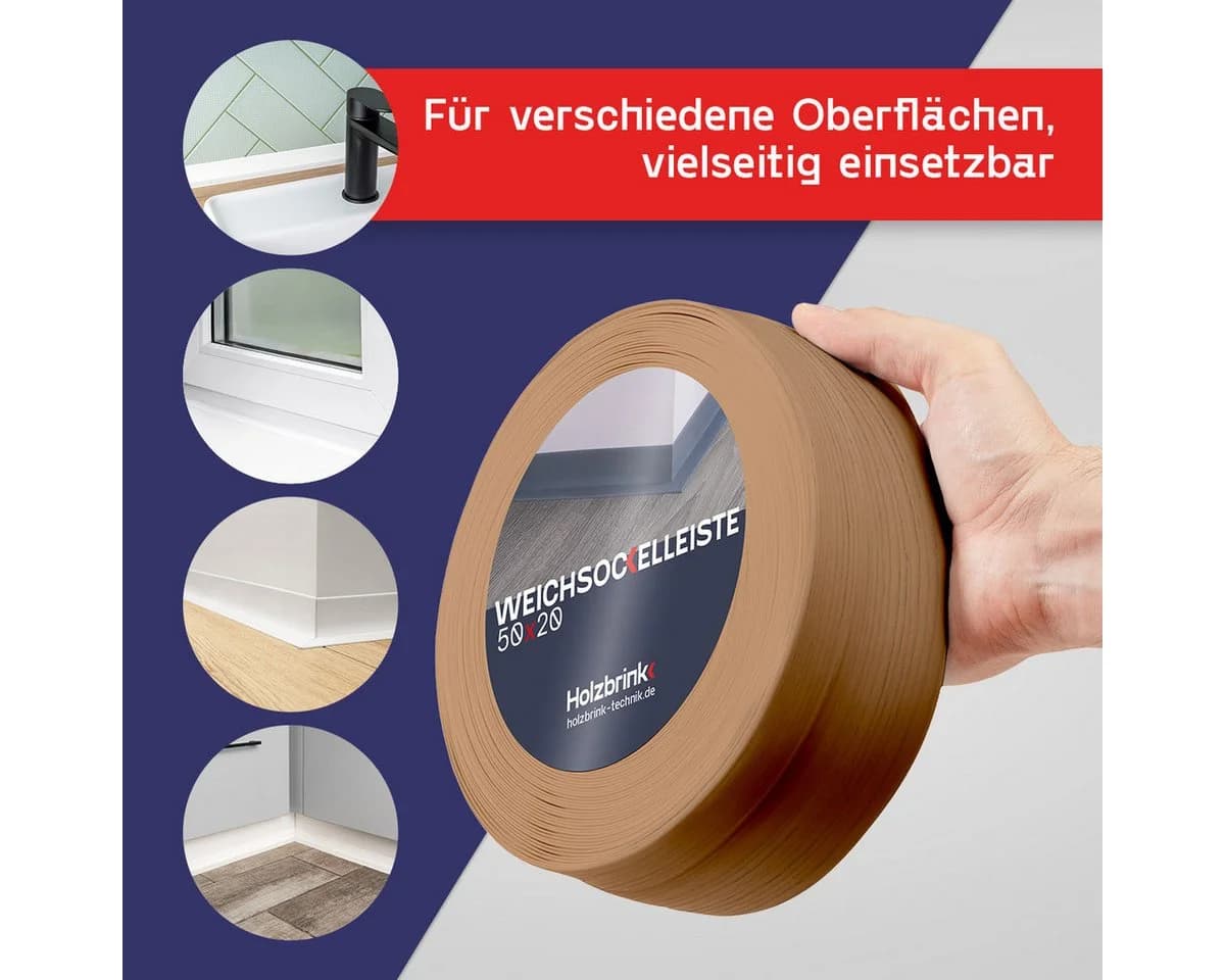 HOLZBRINK Sockelleiste selbstklebend PVC 50x20mm 1m Rolle Küchenleiste Abschlussleiste für Badezimmer Farbe: Eiche hell - Bild 3