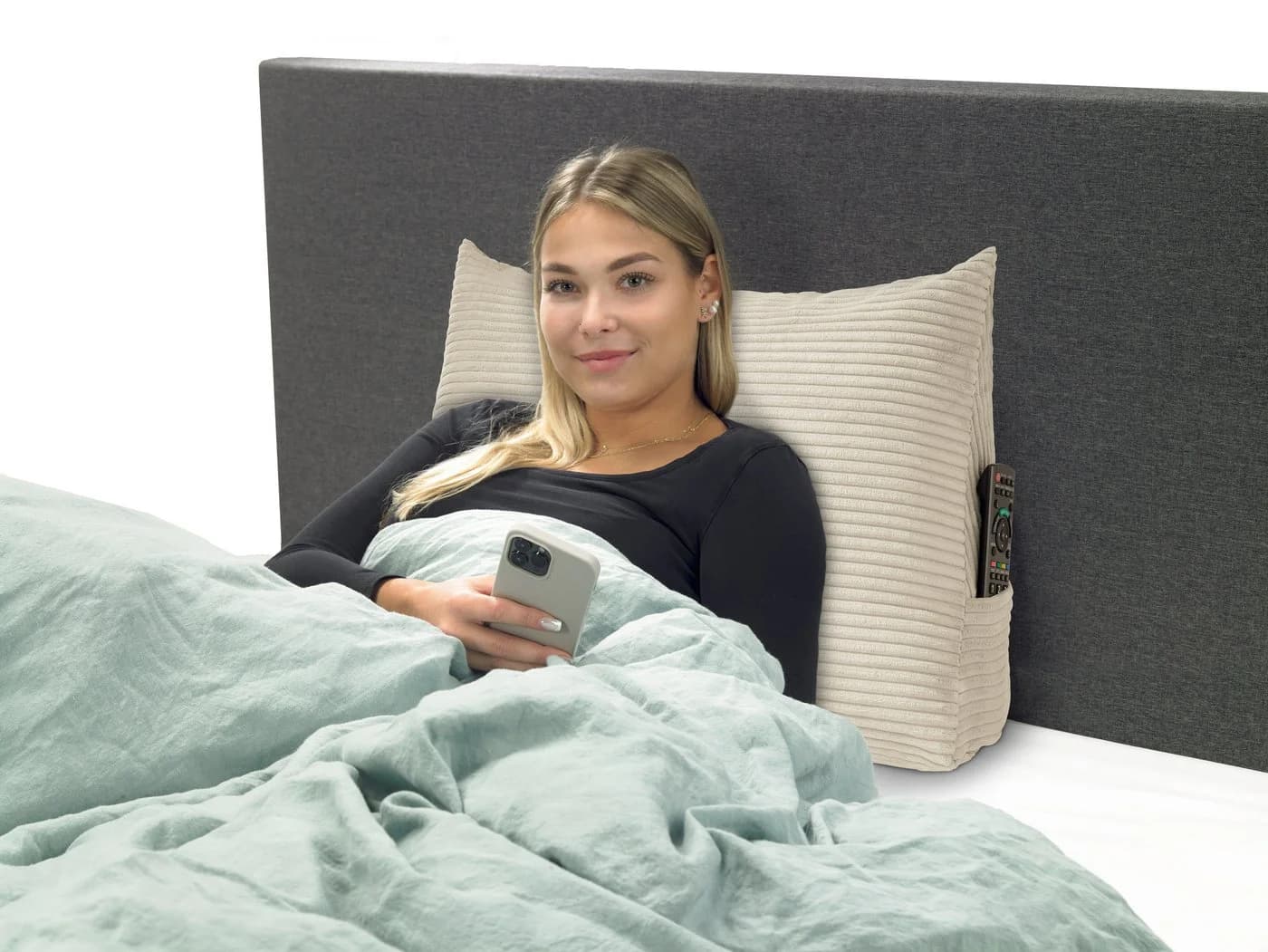 XDREAM Ergonomisches Rückenkissen Beige Kordstoff mit Seitenfach - Bild 5