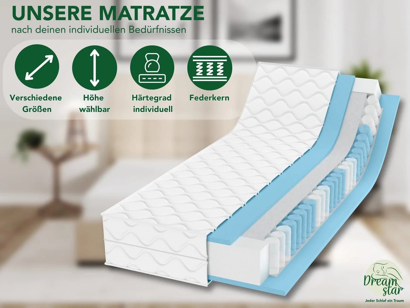 Dreamstar Ergo Flex Taschenfederkernmatratze 7-Zonen Wendematratze H2/H3