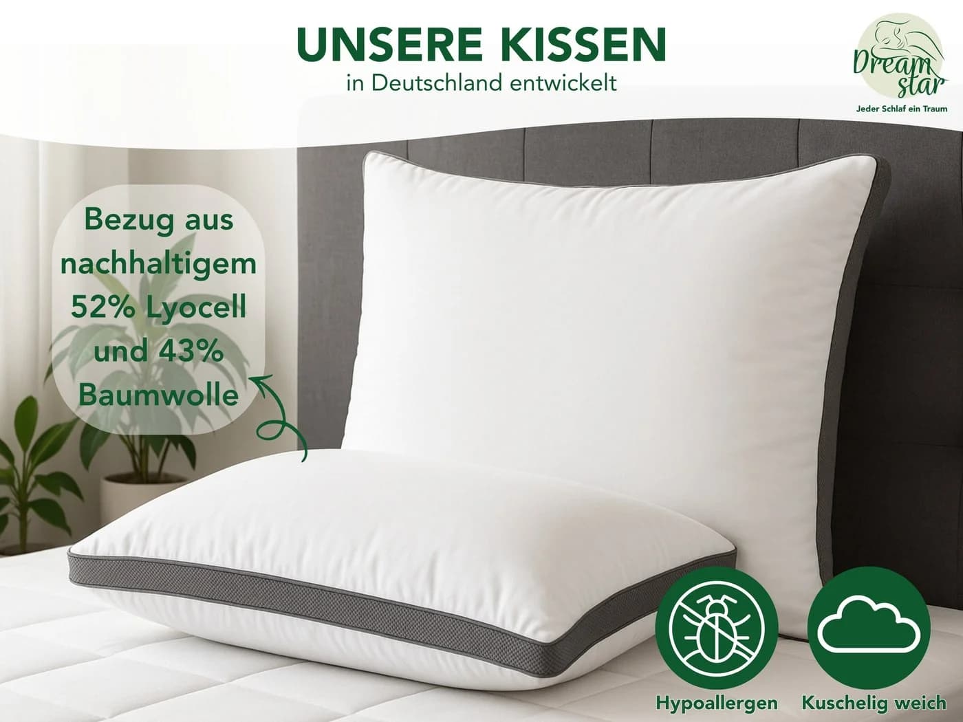 Dreamstar Wohlfühlkissen 40x80 cm Hohlfaserfüllung Lyocell Baumwolle - Bild 4