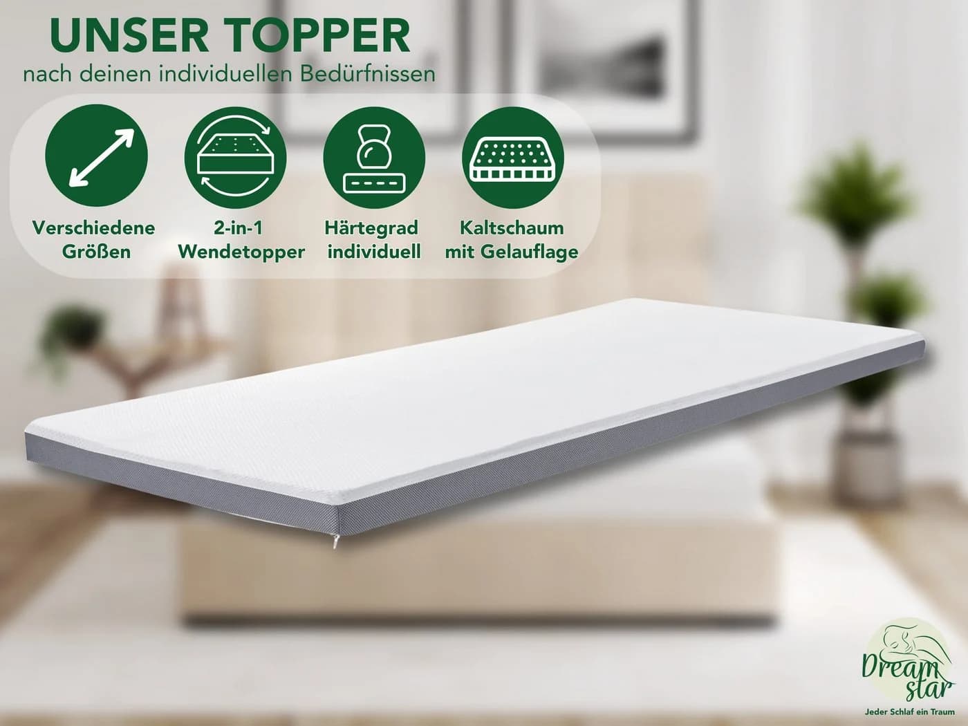 Dreamstar 7-Zonen Matratzentopper mit Gel-Memoryschaum und Komfortschaum