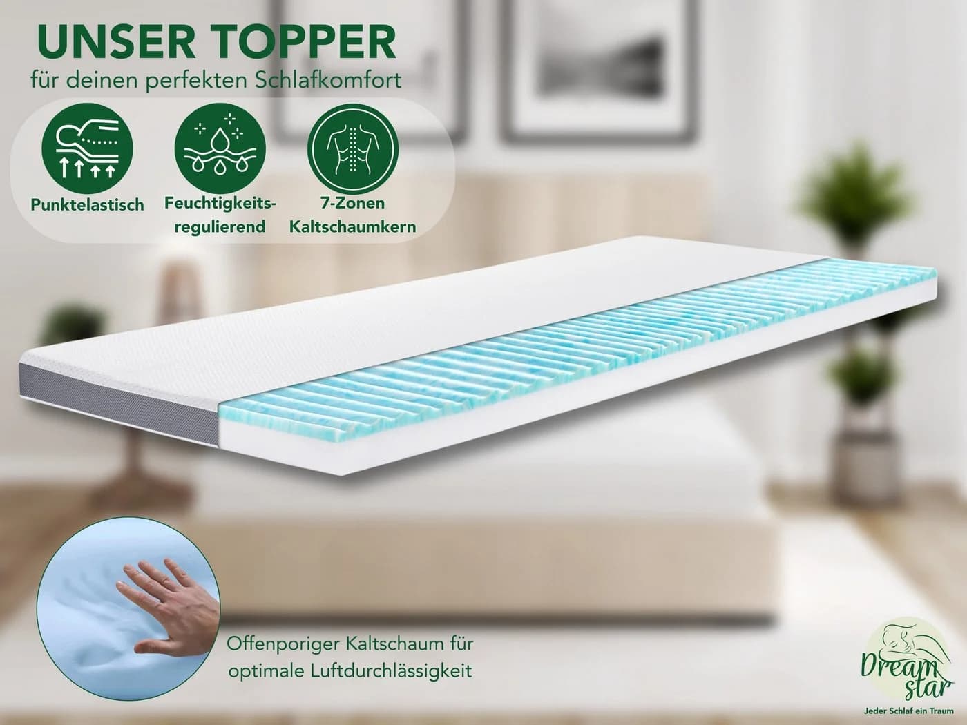 Dreamstar 7-Zonen Matratzentopper mit Gel-Memoryschaum und Komfortschaum - Bild 3