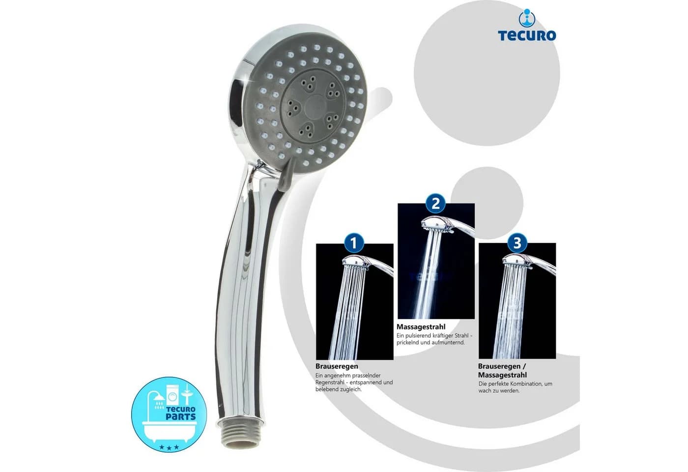 TECURO Duschbrause Komfort-Handbrause Silber 3-Funktionen