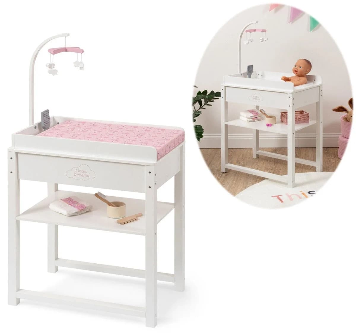 ELLA & PIET® Puppenwickeltisch SPLASHY mit Badewanne und Mobile Weiß-Rosa - Bild 2