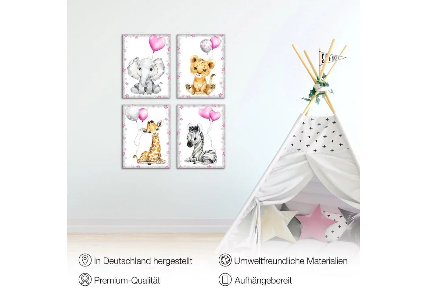 Novart Wandbild Set Tiere Kinderzimmer 4 Bilder 30x40 cm Rosa Aufhängfertig - Bild 4