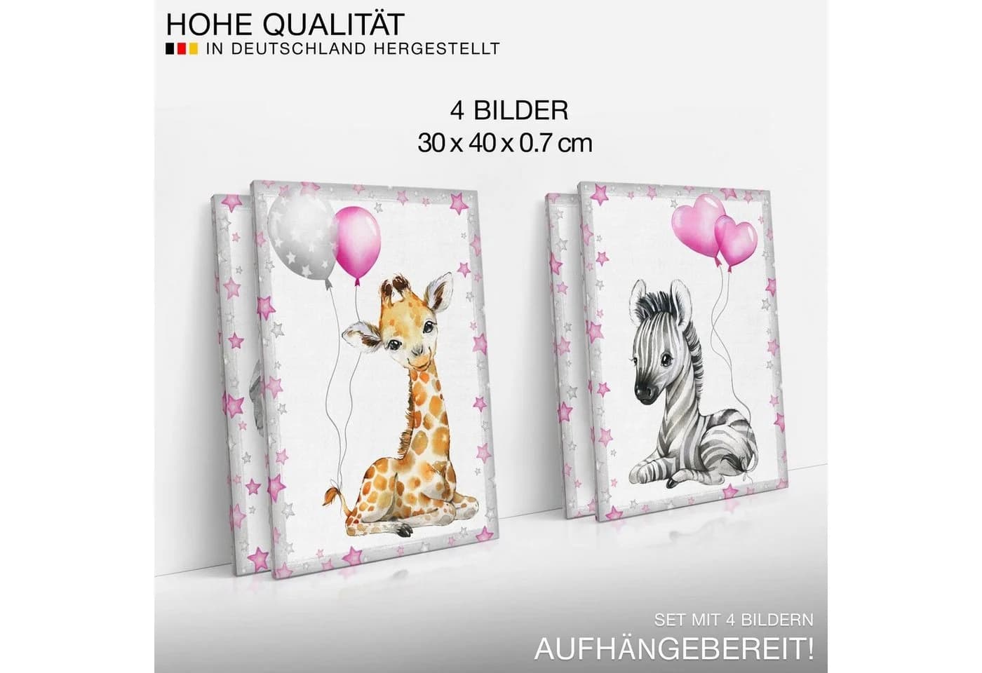 Novart Wandbild Set Tiere Kinderzimmer 4 Bilder 30x40 cm Rosa Aufhängfertig - Bild 5
