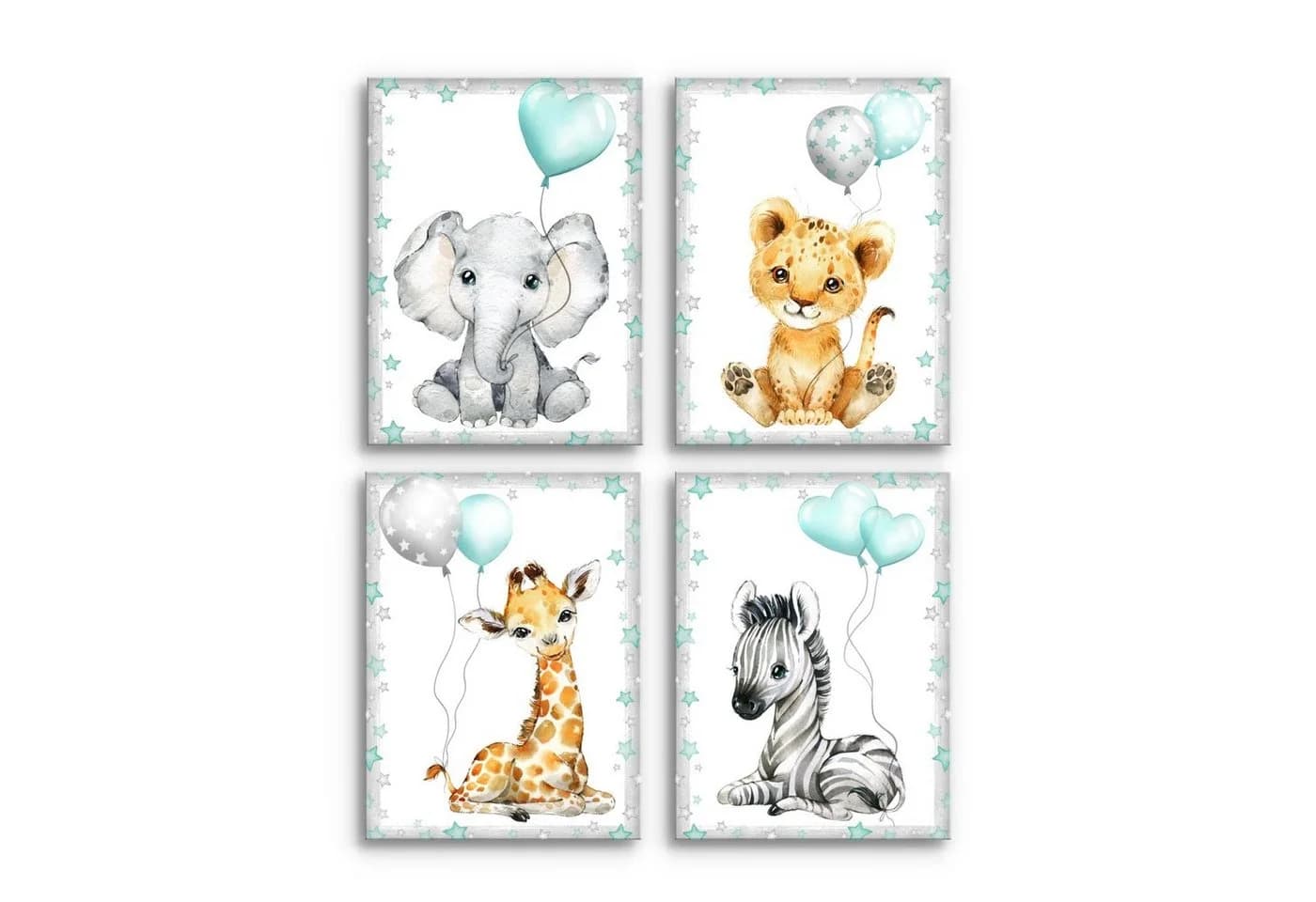 Novart Wandbild Kinderzimmer Set Tiere 4 Bilder 30x40 cm Aufhängfertig Blau