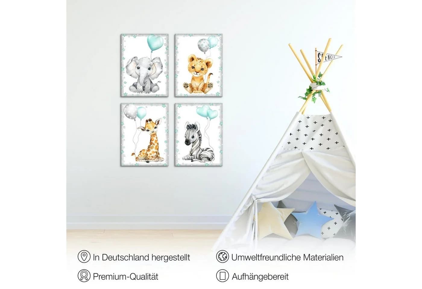 Novart Wandbild Kinderzimmer Set Tiere 4 Bilder 30x40 cm Aufhängfertig Blau - Bild 4