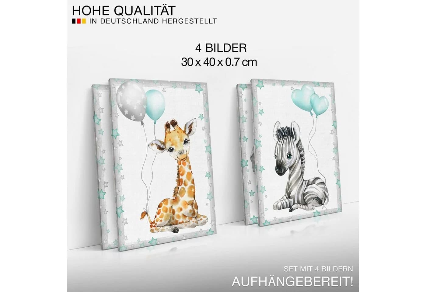 Novart Wandbild Kinderzimmer Set Tiere 4 Bilder 30x40 cm Aufhängfertig Blau - Bild 5