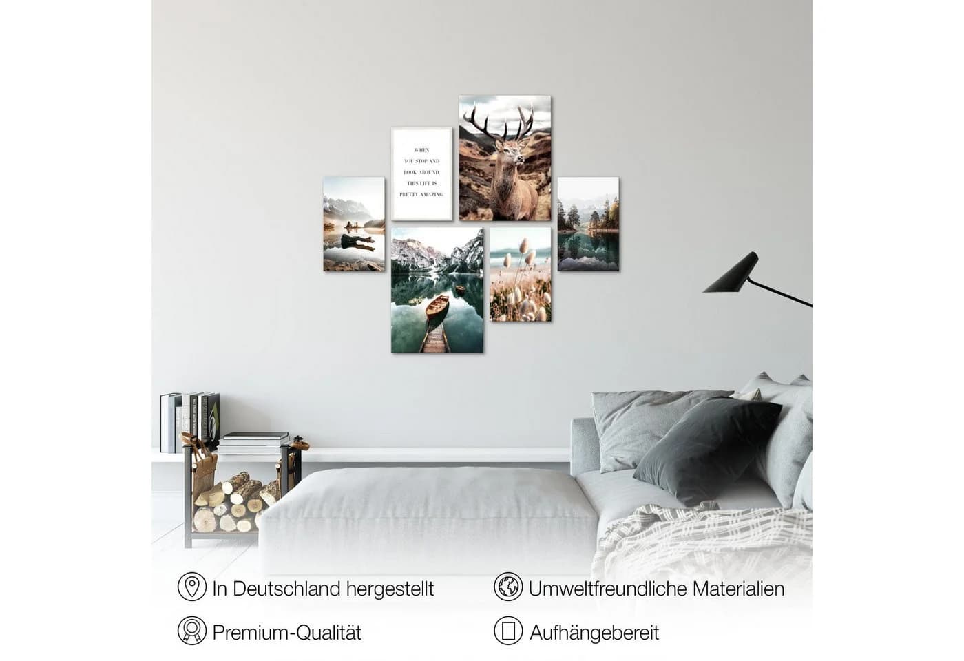Novart Wandbild Set Wohnzimmer Wald Hirsch Natur Berge - Bild 4