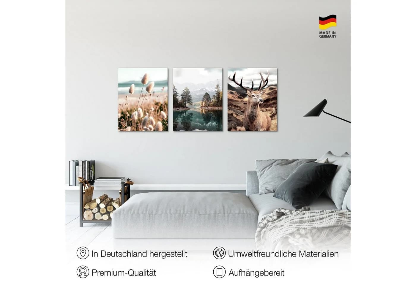 Novart Wandbild Wald Natur Bilder Set 3 Teilig Berge Hirsch