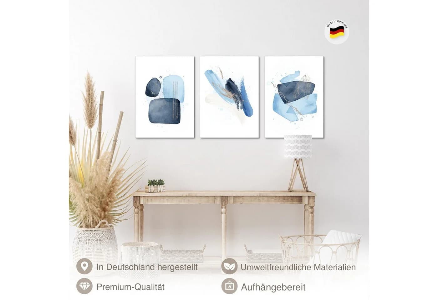 Novart Wandbild 3er-Set Abstrakt Weiß Blau Aufhängfertig