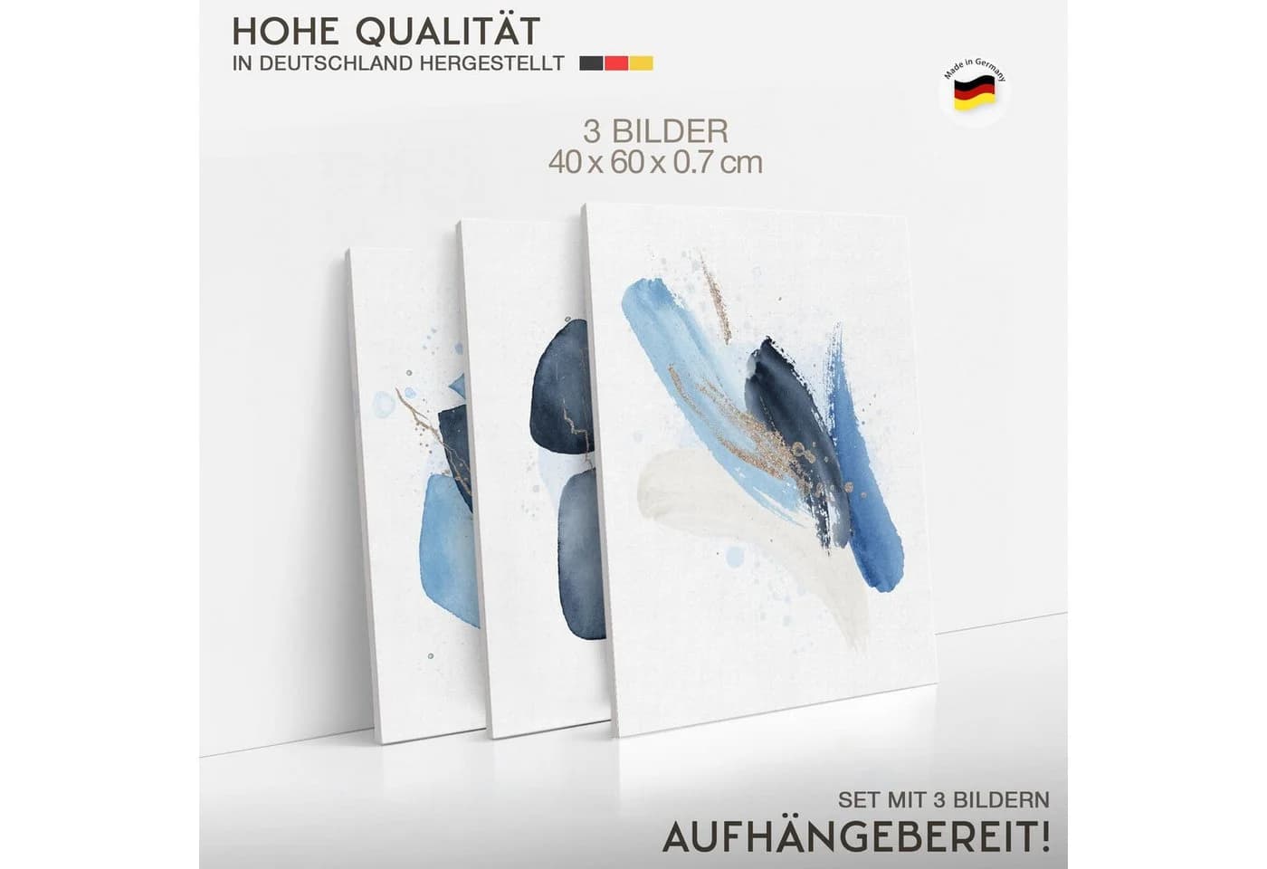 Novart Wandbild 3er-Set Abstrakt Weiß Blau Aufhängfertig - Bild 4