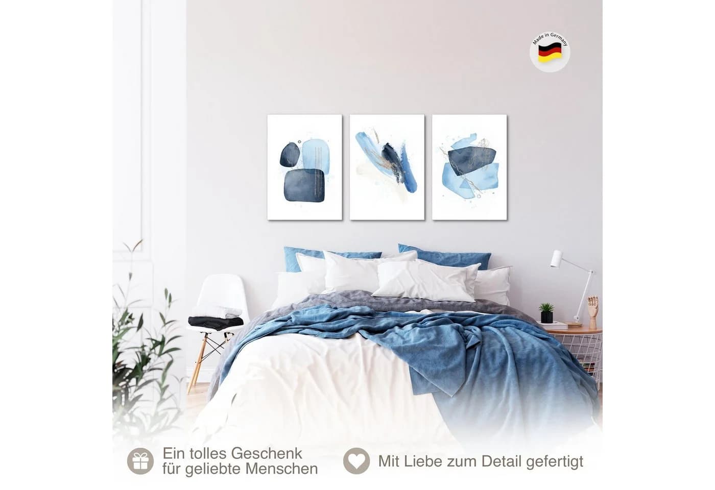 Novart Wandbild 3er-Set Abstrakt Weiß Blau Aufhängfertig - Bild 5