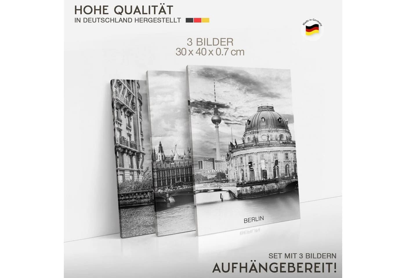 Novart Wandbild Set 3-tlg. Städte Berlin London Paris Schwarz Weiß - Bild 4