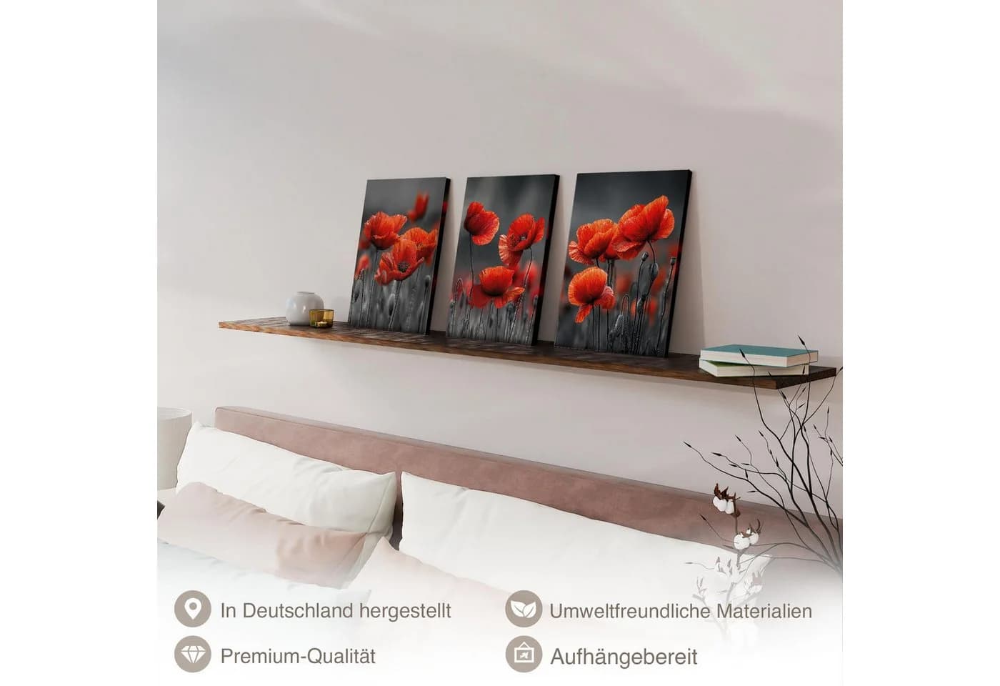 Novart Wandbild Baum des Lebens Abstrakt Modern Set Wohnzimmer Mohnblumen