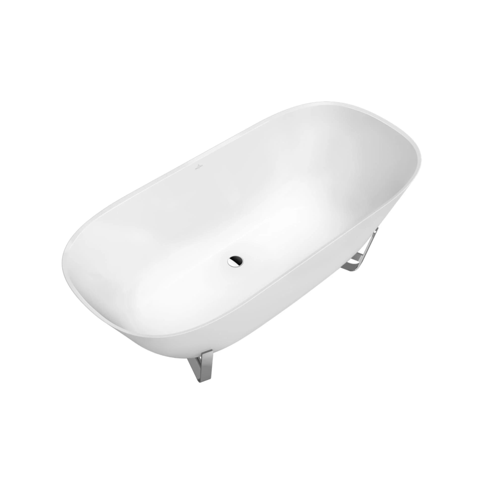 Freistehende Badewanne aus Quaryl und Edelstahl in Almond