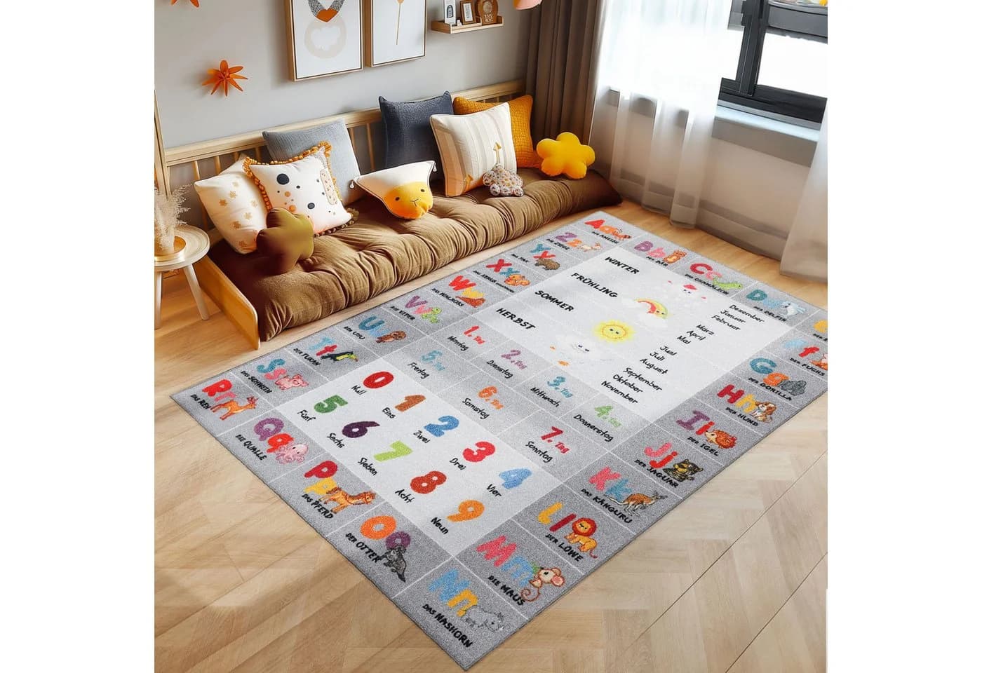 SIMPEX24 Kinderteppich Alphabet Zahlen Tiere Grau Bunt Rutschfest - Bild 2