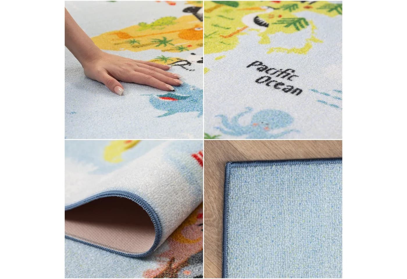 SIMPEX24 Kinderteppich Weltkarte mit Tierdesign Blau Rutschfest