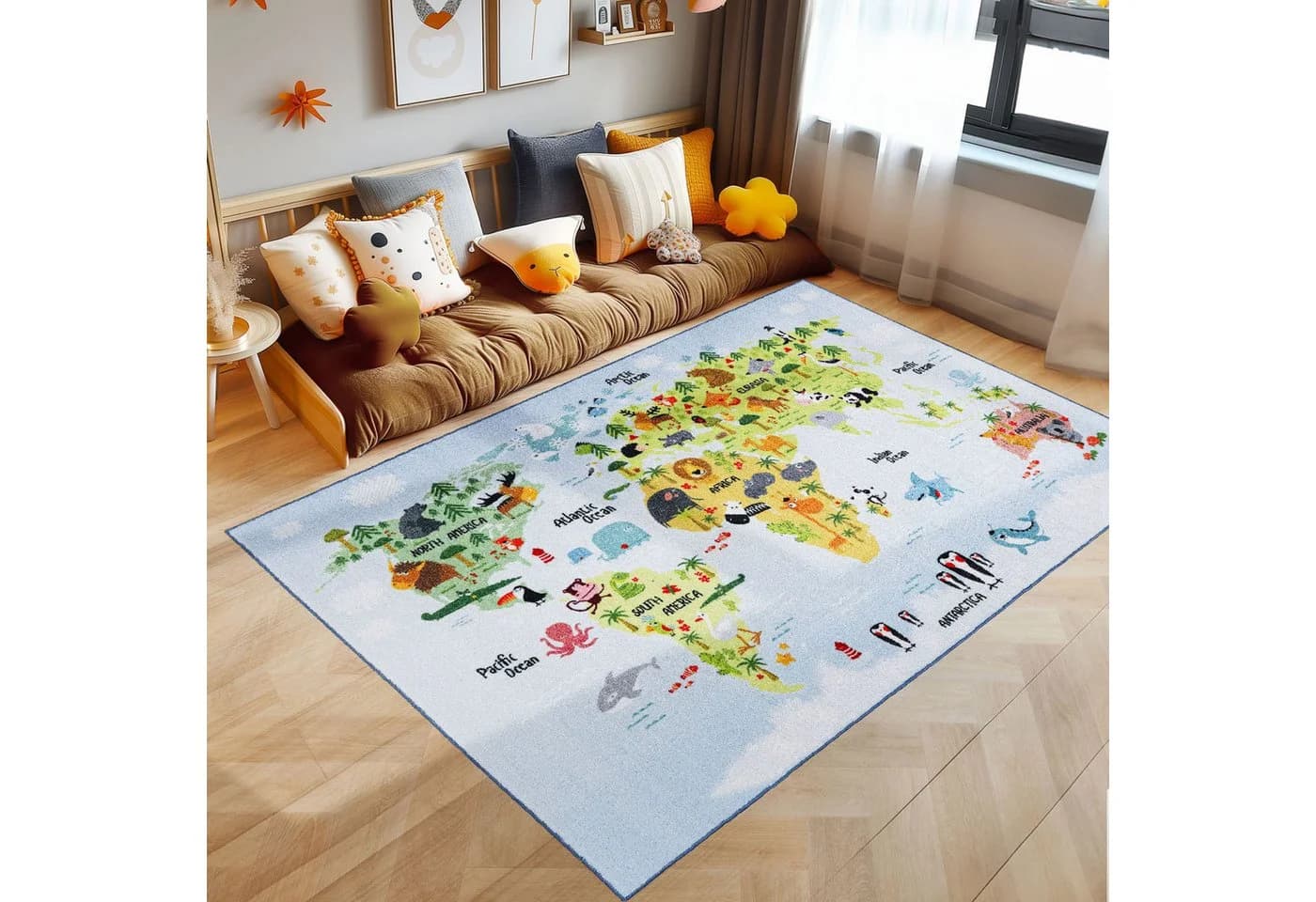 SIMPEX24 Kinderteppich Weltkarte mit Tierdesign Blau Rutschfest - Bild 2
