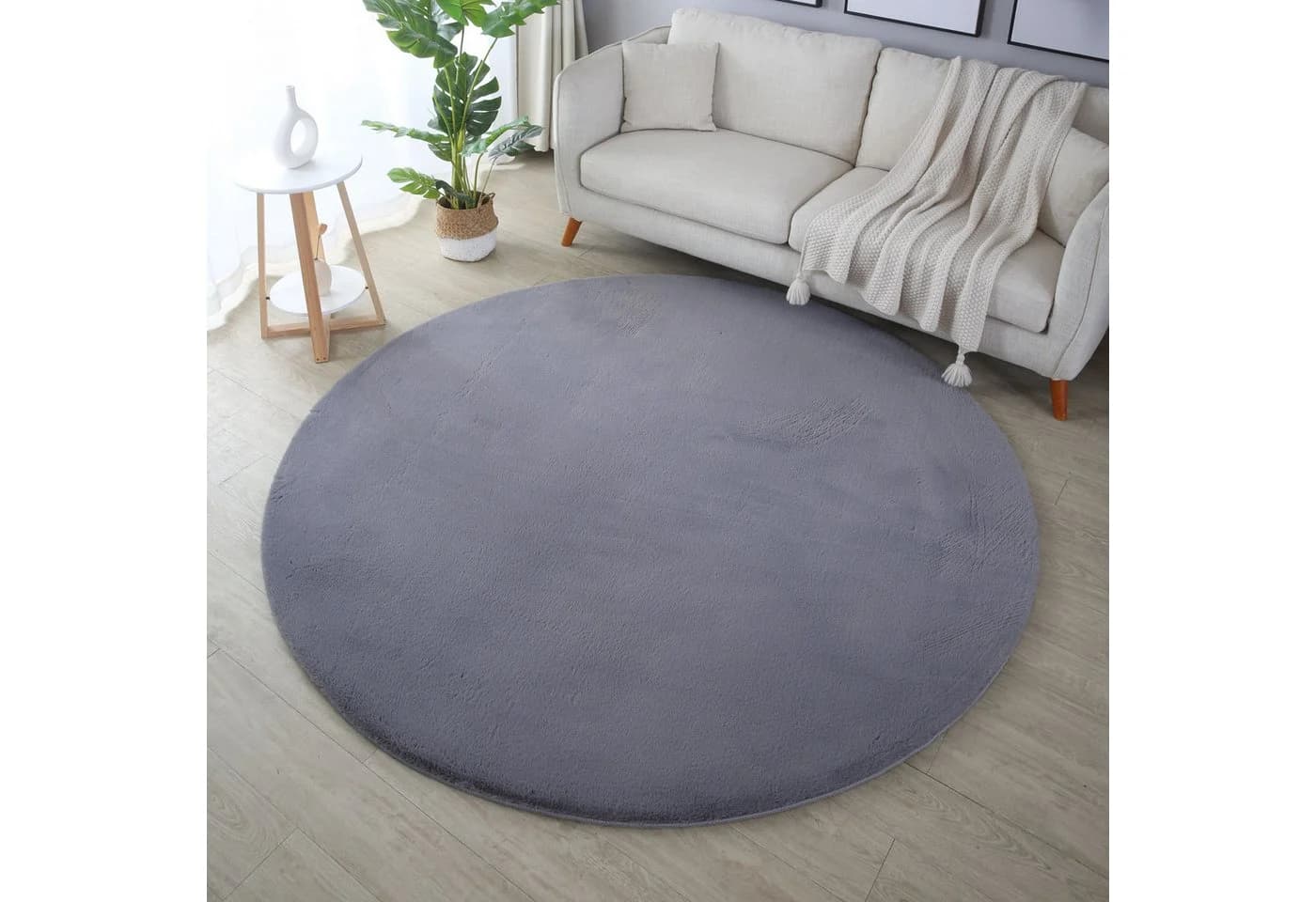 SIMPEX24 Teppich Unicolor Grau Rund Hochflor Shaggy Polyester