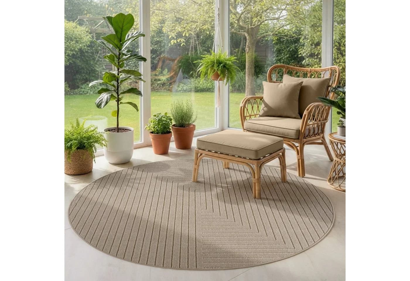 SIMPEX24 Outdoorteppich Skandinavischer 3D Design Rund Beige