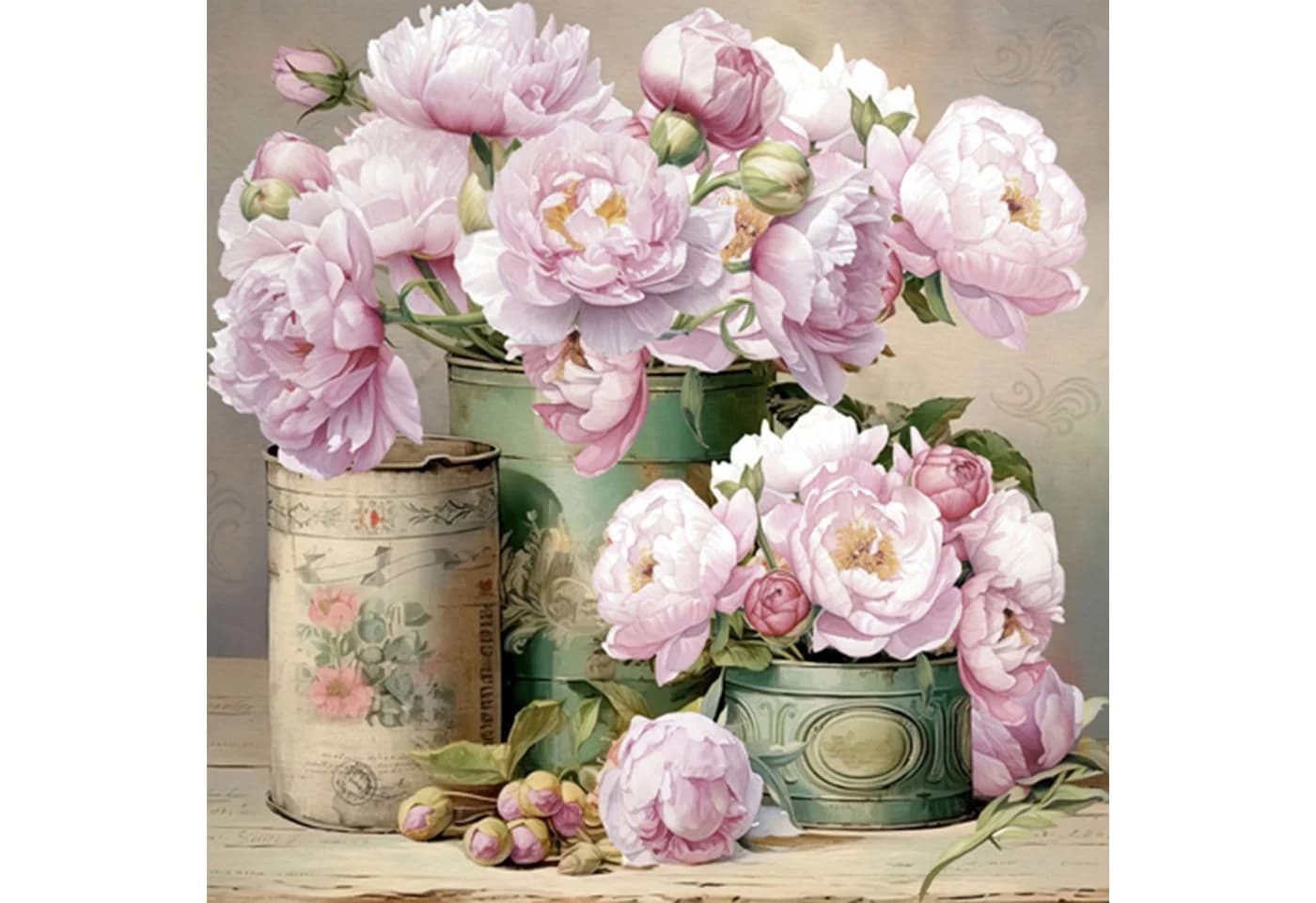 ti-flair Papierserviette 33x33cm 3-lagig Pfingstrosen Vintage Rosa/Grün 20 Stück
