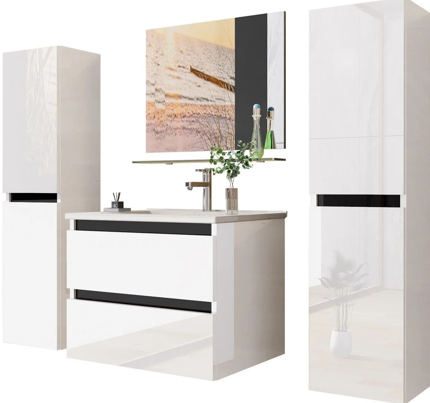 inter Badmöbel-Set Komplettset Hochglanz Weiß mit Waschtisch & Spiegelschrank - Bild 2