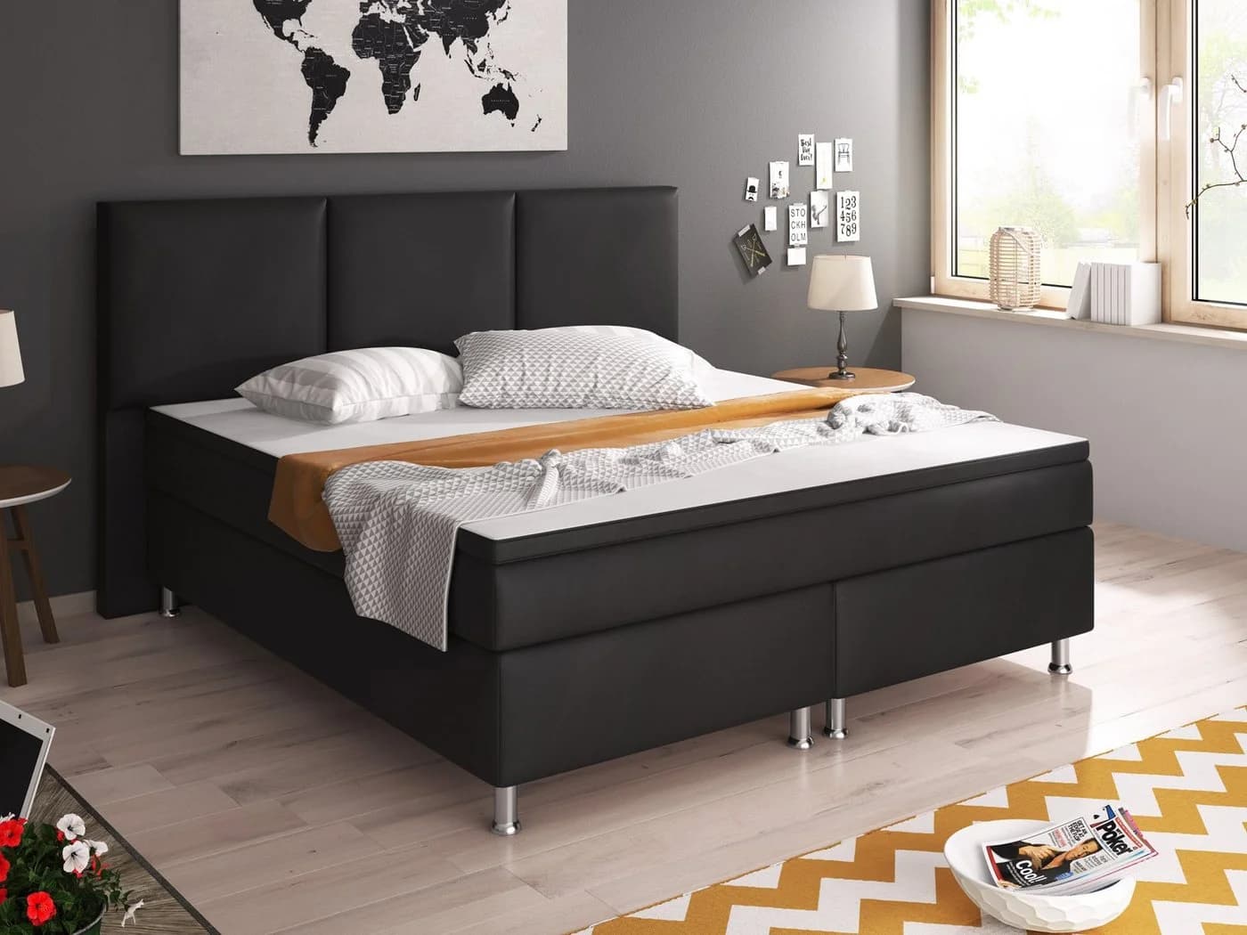 inter Boxspringbett Oslo Schwarz Kunstleder mit Matratzen und Topper