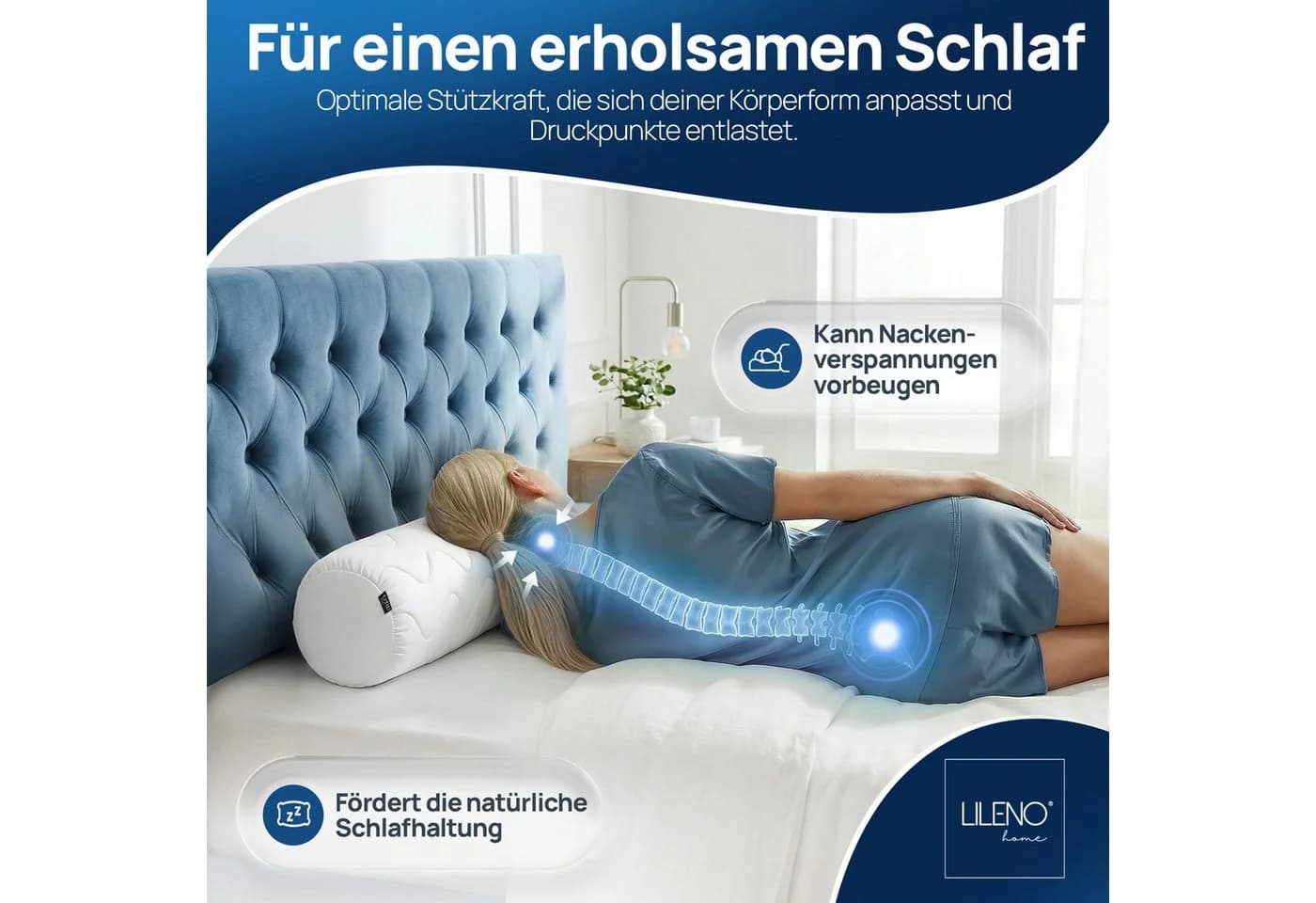 LILENO HOME Nackenrolle 15x40 cm - Gestepptes Kopfkissen Made in Germany - Bild 5