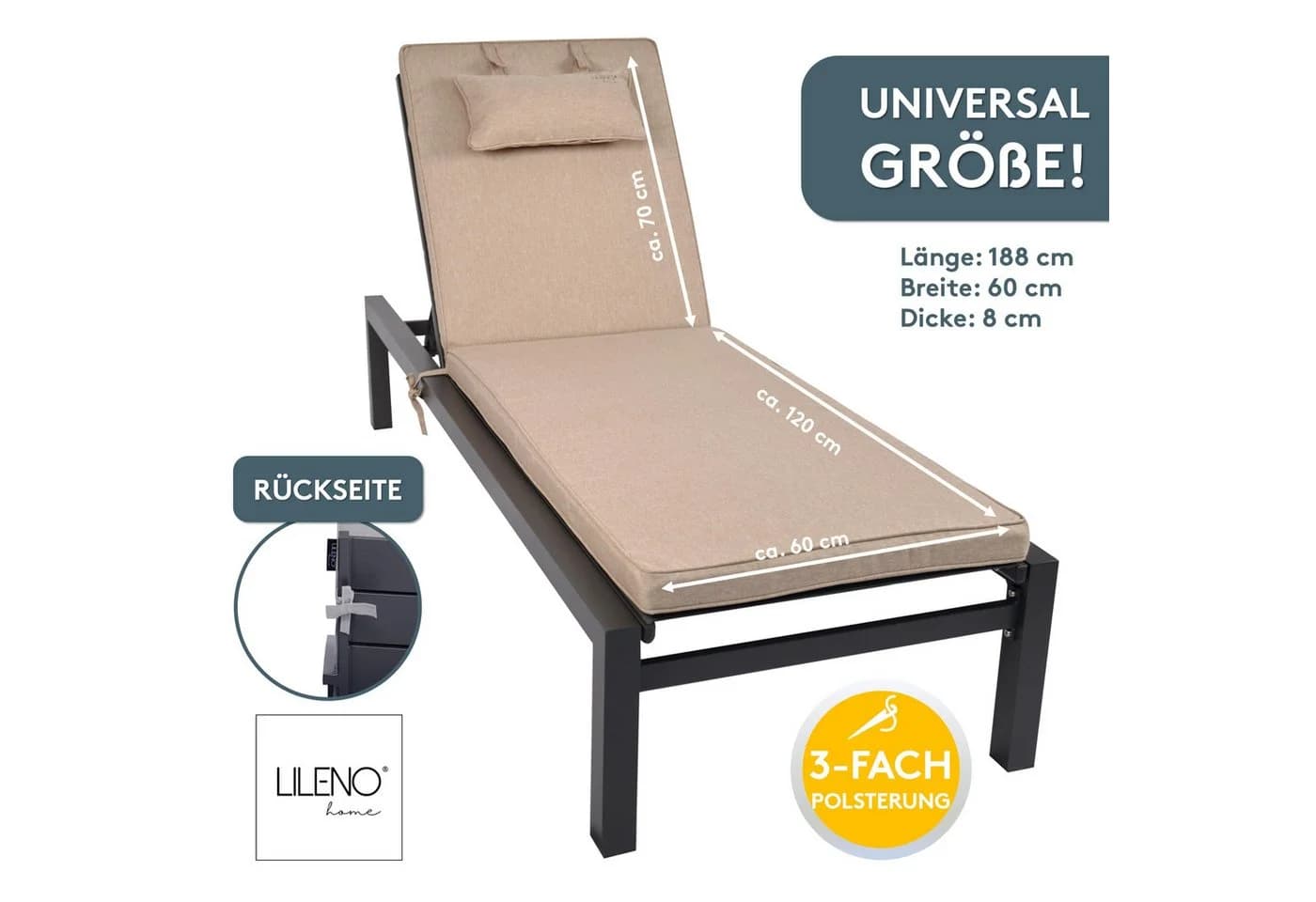 LILENO HOME Liegenauflage mit Kopfkissen Taupe für Rollliegen