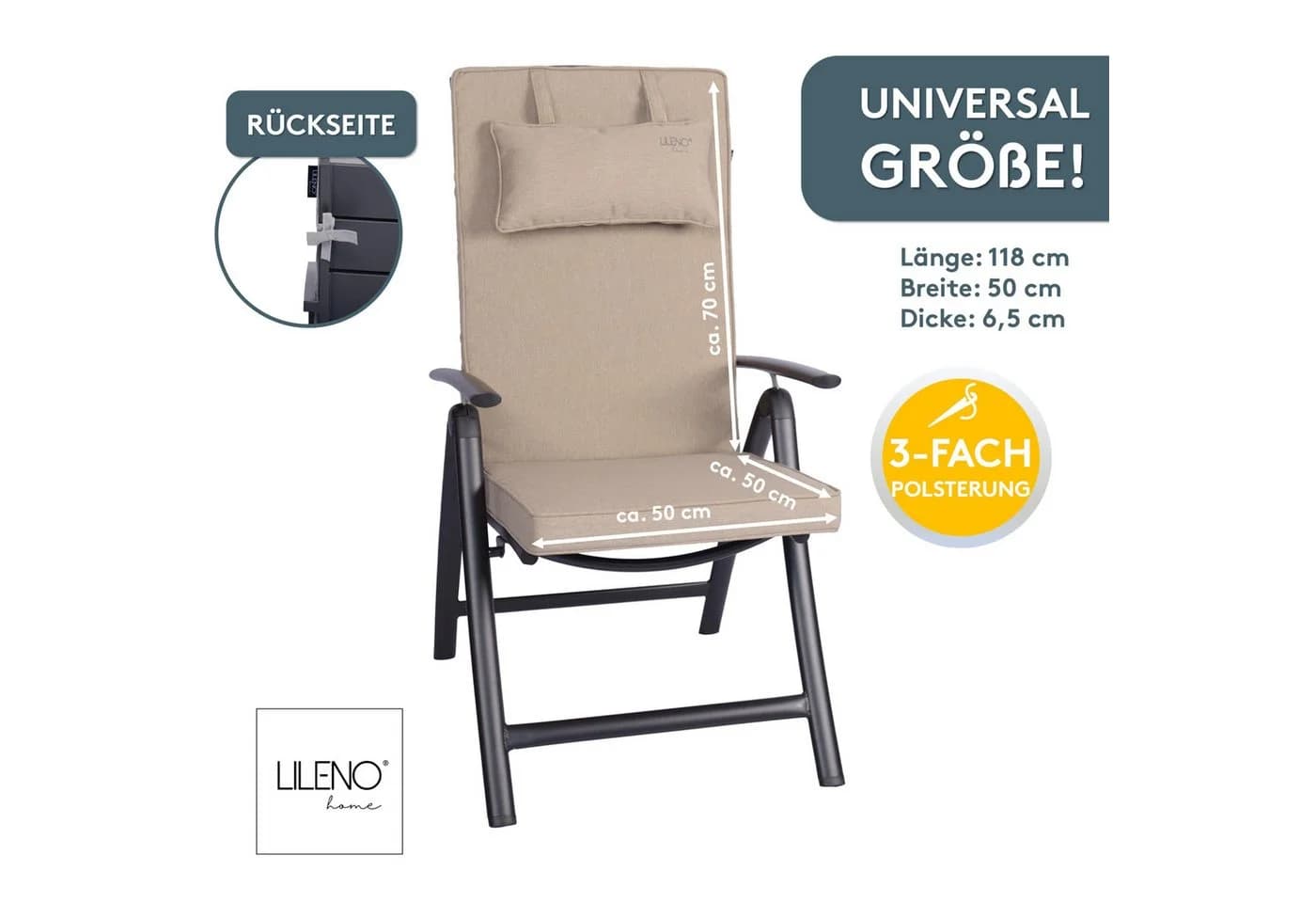 LILENO HOME Hochlehnerauflage mit Kopfkissen Taupe Sitzpolster waschbar