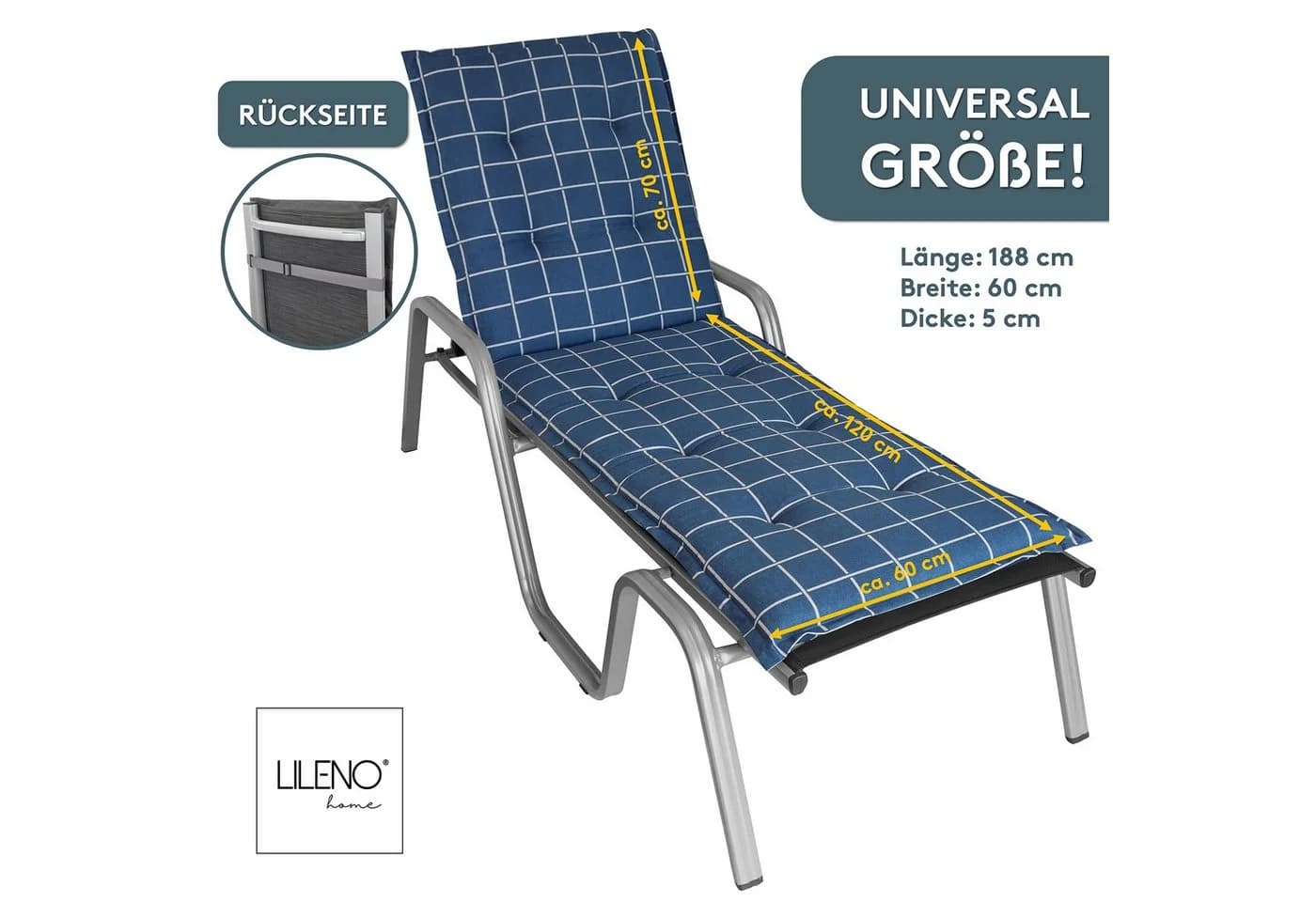 LILENO HOME Liegenauflage Dunkelblau Yacht Karo für Rollliegen