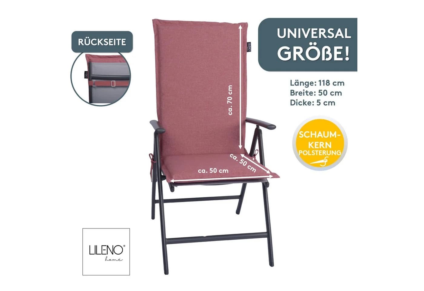 LILENO HOME Hochlehnerauflage Gartenstuhl Rot mit Kopfkissen