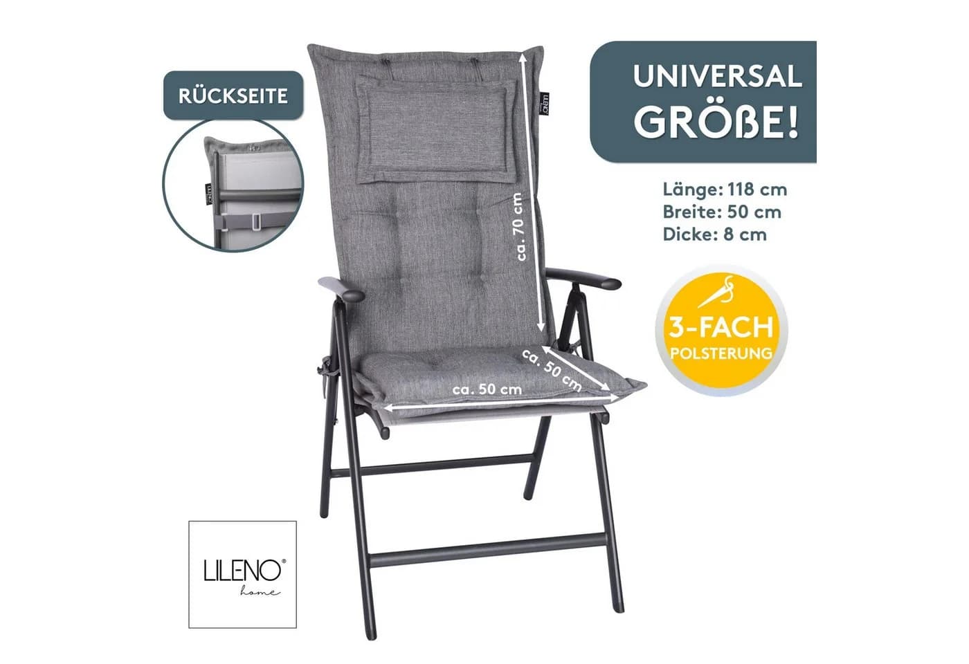 LILENO HOME Hochlehnerauflage Grau mit Kopfkissen