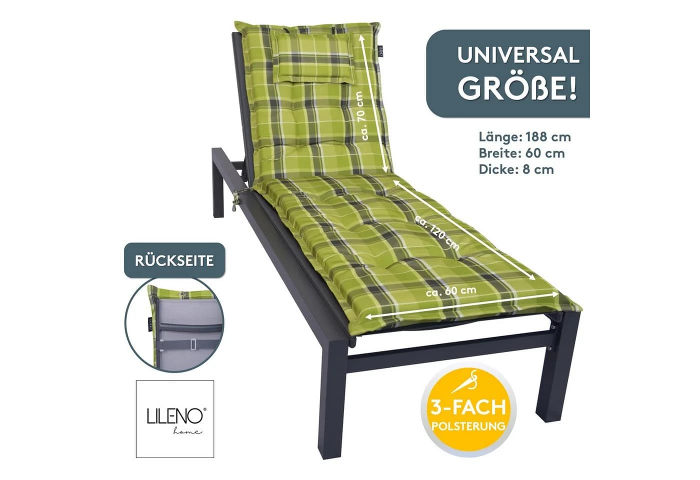 LILENO HOME Liegenauflage Karo Grün für Garten- & Sonnenliegen